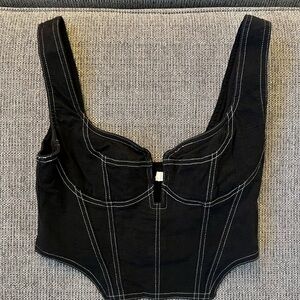Women’s Black Denim Distressed Corset Crop Top With White Stitching. Size M